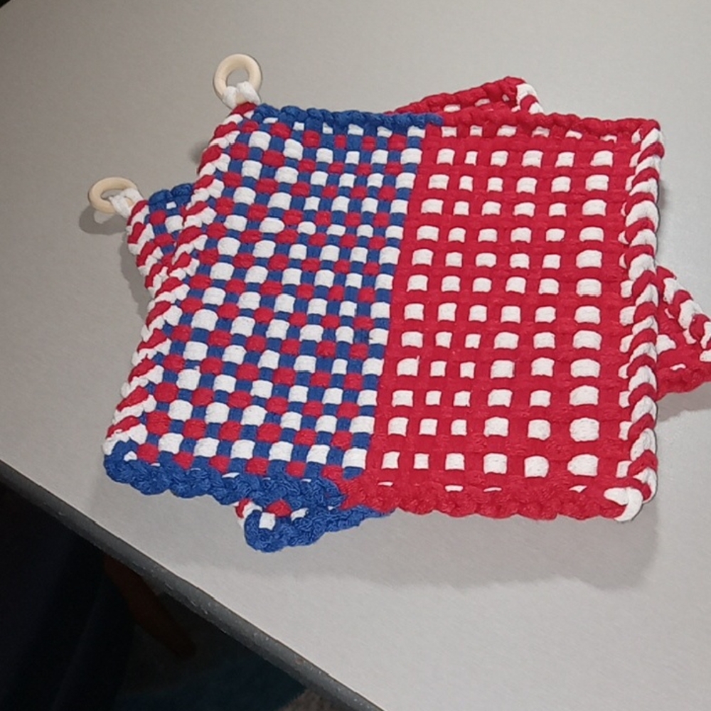 Handmade Red, White & Blue Woven Pot Holders